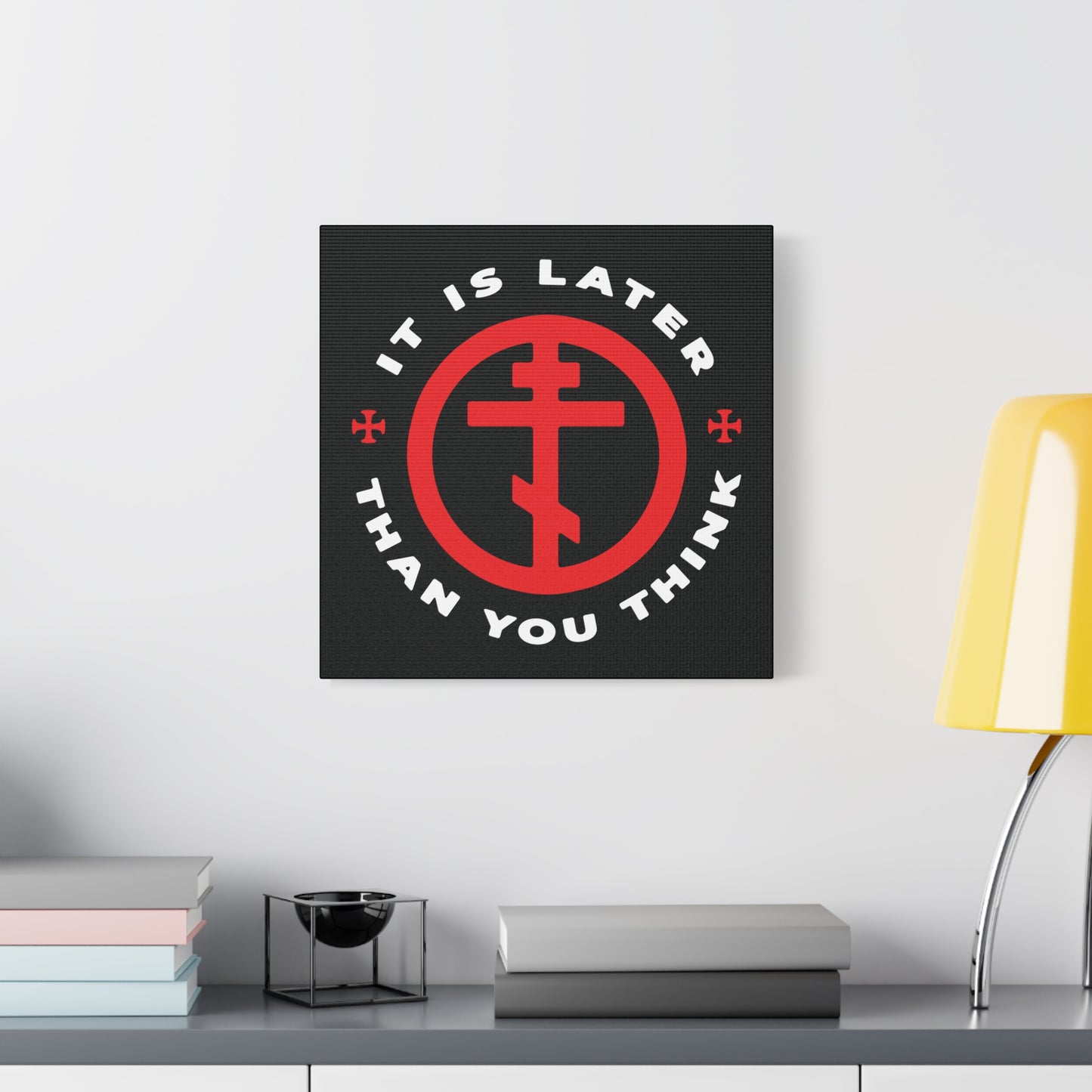 The "It Is Later Than You Think" Christian wall art features an Orthodox Cross in a circle and quotes Fr Seraphim Rose, urging viewers to remember life's brevity and spiritual vigilance.