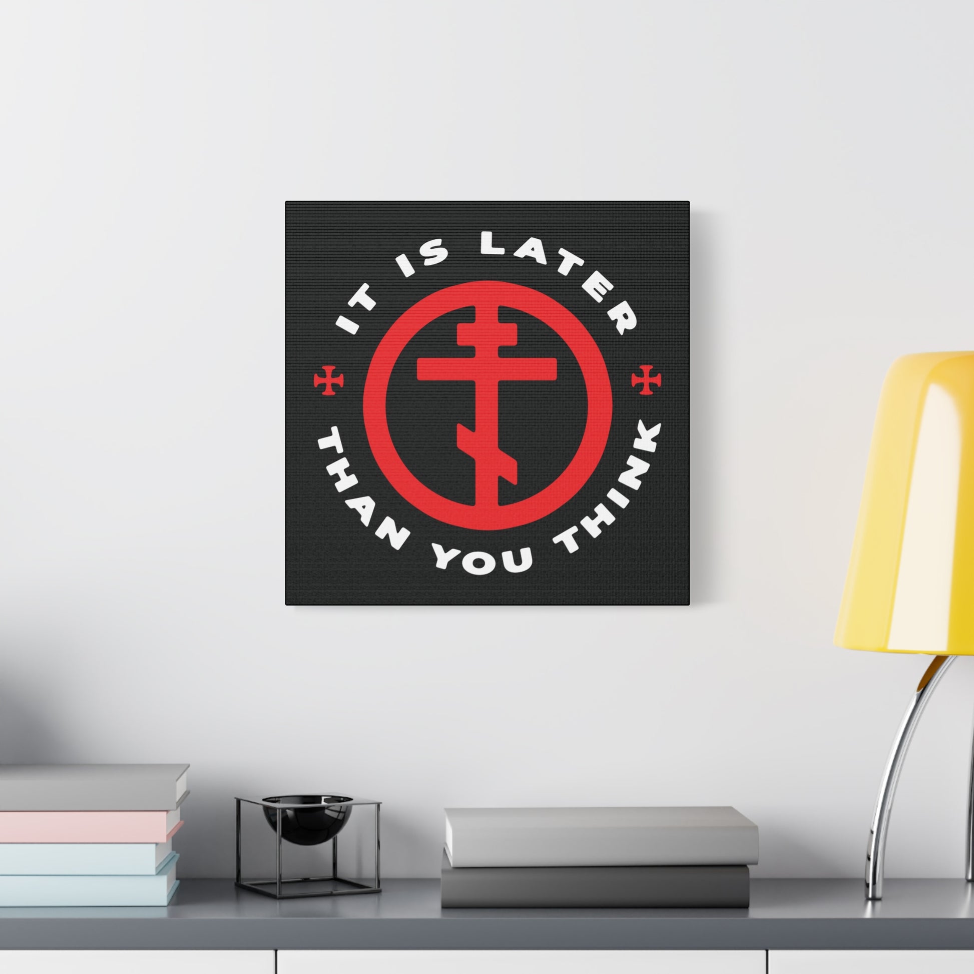 The "It Is Later Than You Think" Christian wall art features an Orthodox Cross in a circle and quotes Fr Seraphim Rose, urging viewers to remember life's brevity and spiritual vigilance.