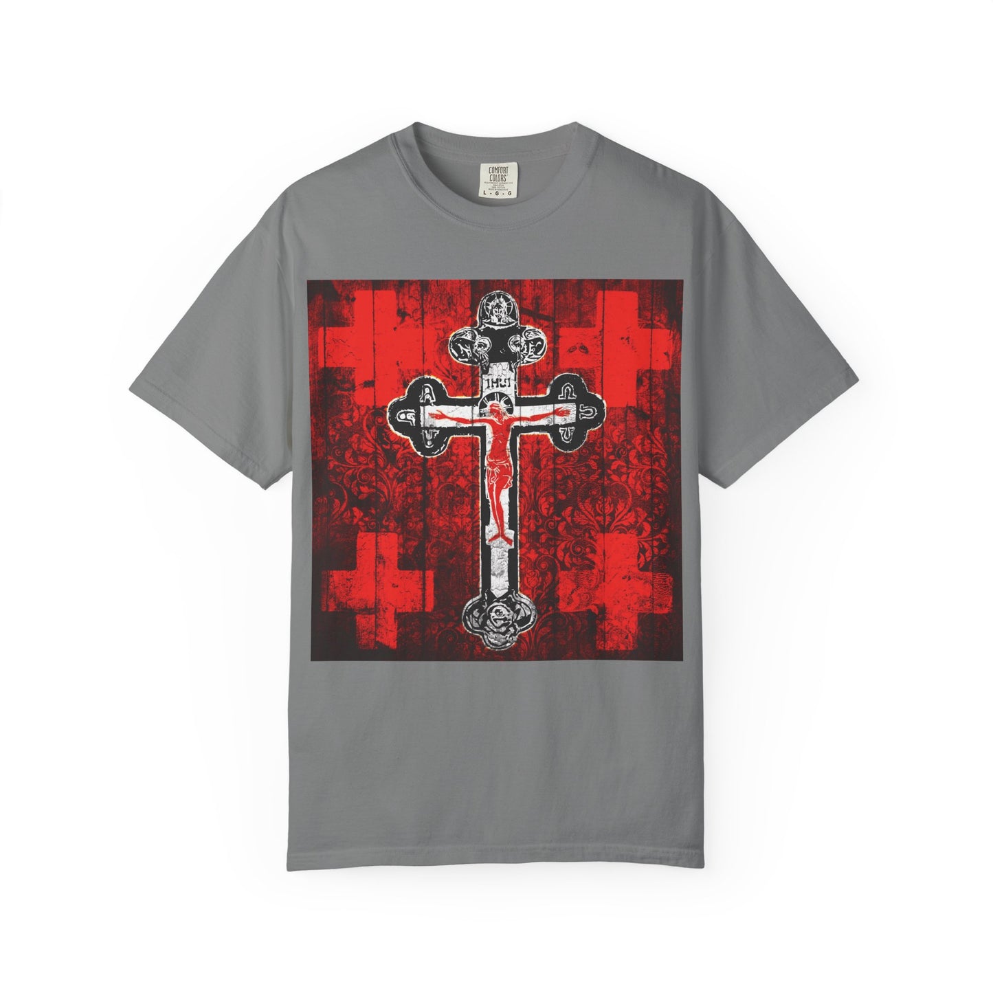 Grey Alpha & Omega Art Cross heavyweight cotton unisex tee featuring a large ornate crucifix Orthodox iconographic design in red, white, and black—adorned with faded crosses and patterns inspired by the Adoration of the Precious and Life-Giving Cross, evoking the solemnity of Great Lent.