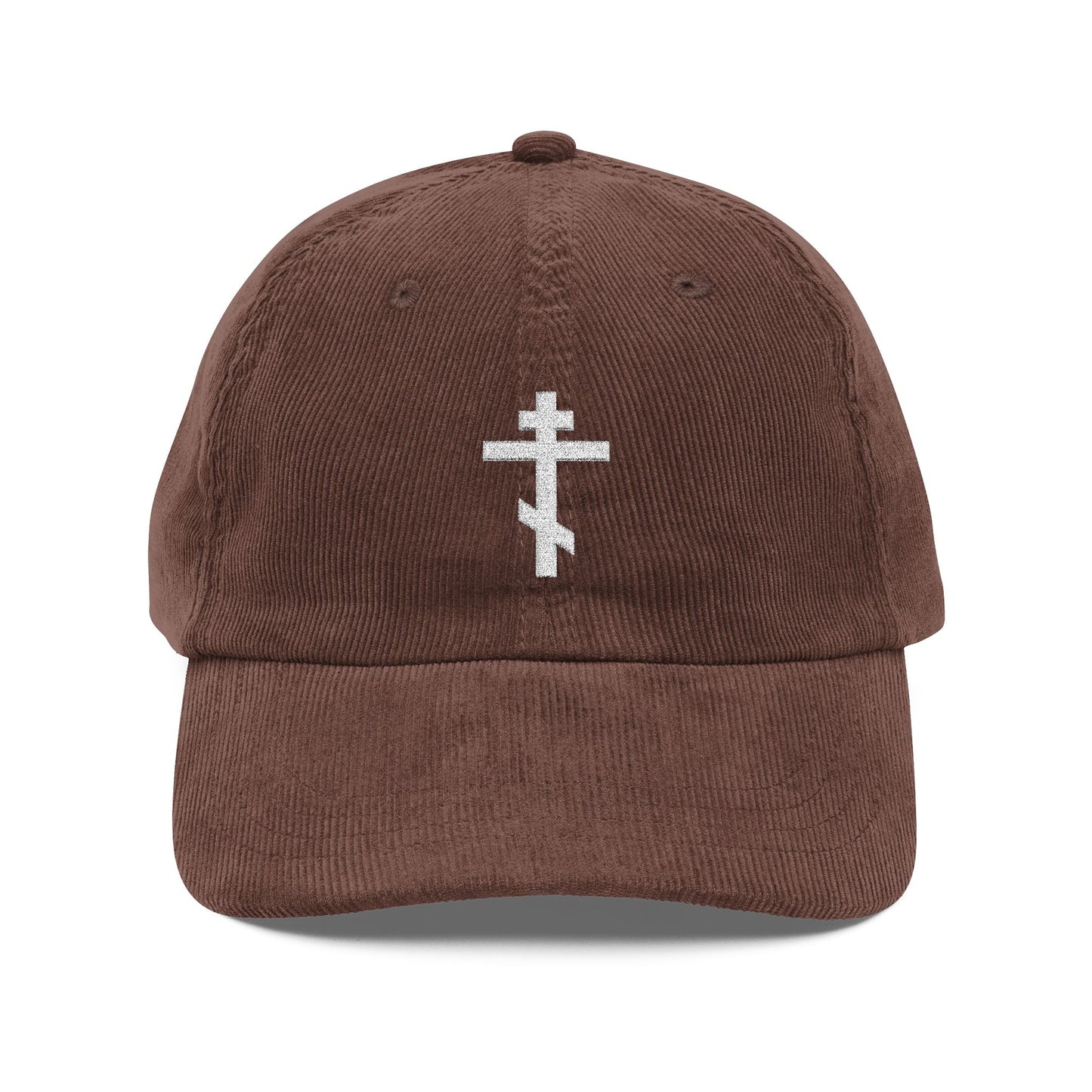 Brown cotton corduroy cap featuring a simple white Orthodox TriBar Cross, the weapon of unseen warfare which makes demons tremble. Orthodox Christian embroidered design.