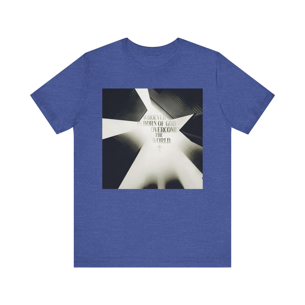 Heather True Royal T-shirt featuring a modern cityscape with abstract black and white graphics and the message: Whoever is Born of God Overcomes the World, inspired by St John the Theologian (1 John 5:1-4) and boldly proclaiming that Jesus is the Christ. This lightweight Orthodox Christian unisex tee is made from comfortable cotton.