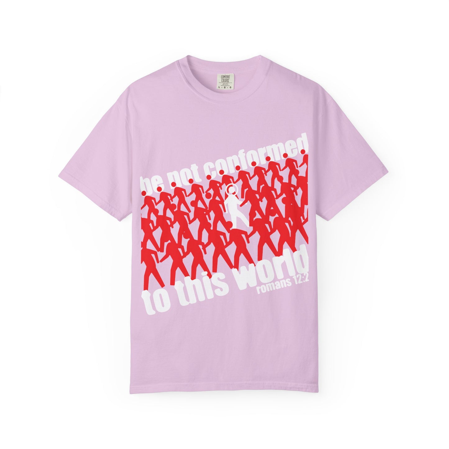 Orchid-colored “Be Not Conformed to This World (Romans 12:2) | Reject the Modern World | Orthodox Christian Heavyweight Cotton Unisex Tee” featuring bold red silhouettes, a prominent white figure, and the uplifting message: “Be not conformed to this world—Romans 12:2.” Inspired by Romans 12:1-2, this design calls for renewal of mind and true spiritual worship.
