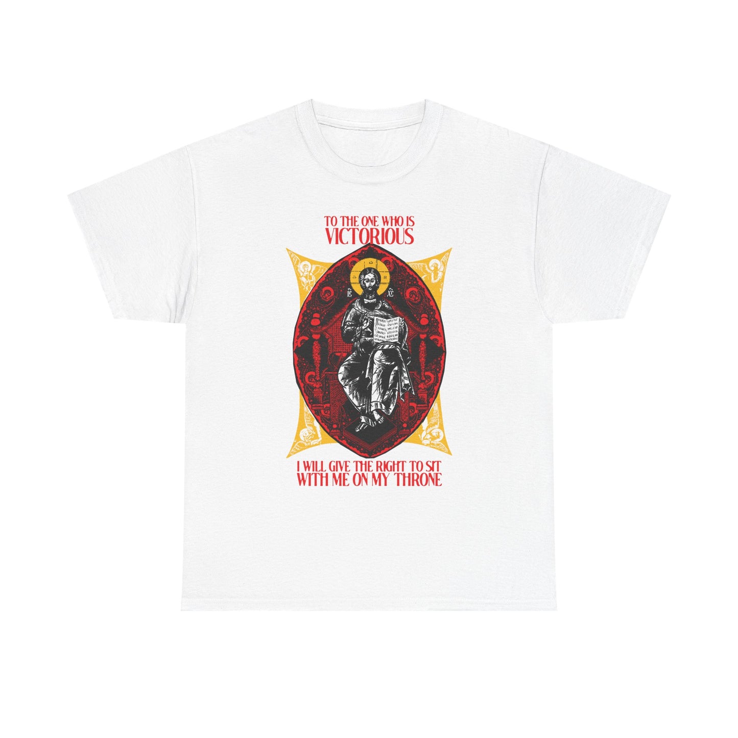 White "Christ is King, Enthroned In Glory IconoGraphic" tee with a seated figure and text from Rev 3:21—honoring those who will reign with Christ. Orthodox Christian unisex midweight cotton shirt.