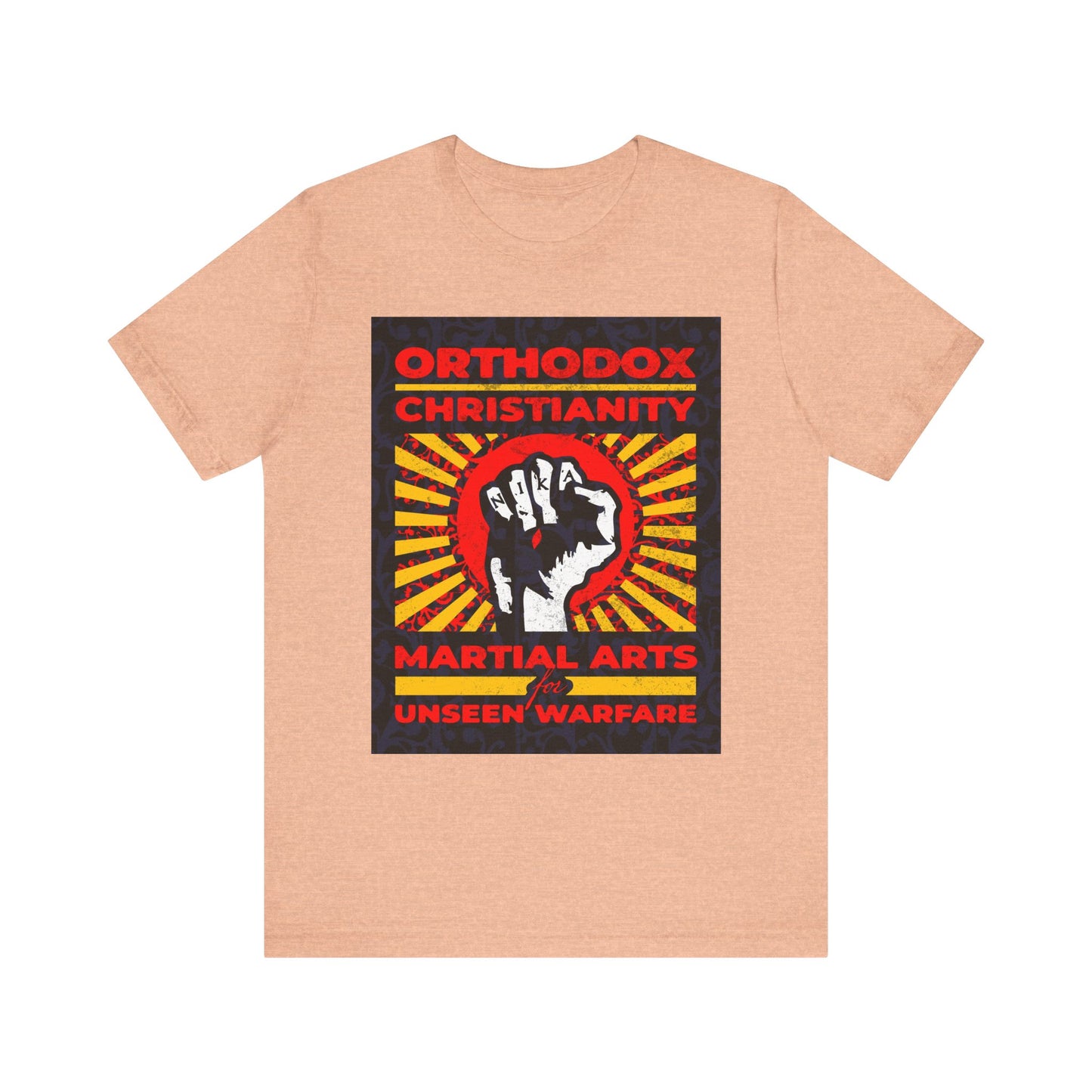 Heather peach lightweight unisex tee featuring a bold NIKA Jesus fist on a colorful sunburst with the phrase "Orthodox Christianity: Martial Arts for Unseen Warfare," inspired by the spiritual struggle and Christian virtue taught by Archbishop Averky.