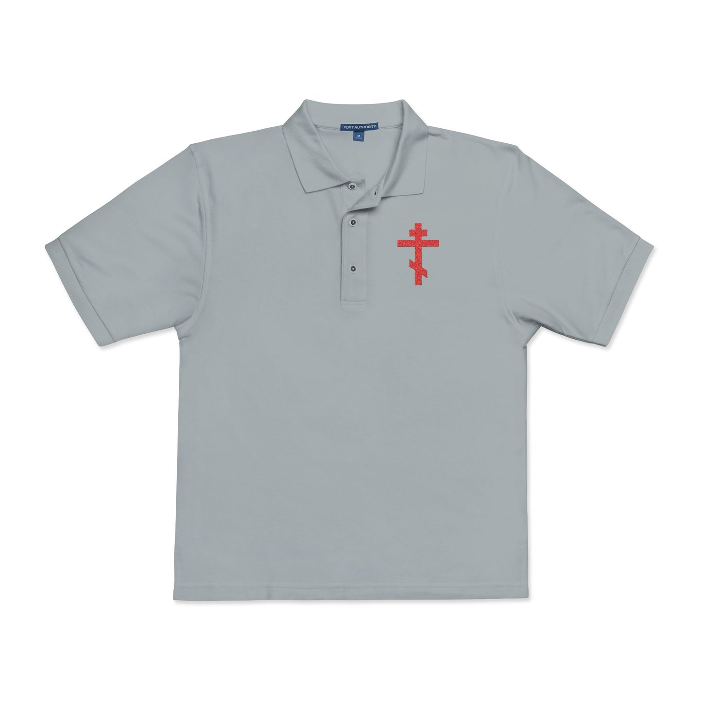 Embroidered Red Orthodox Cross | "May I never boast, except in the cross of our Lord Jesus Christ" (Gal 6:14) | Christian Polo Shirt