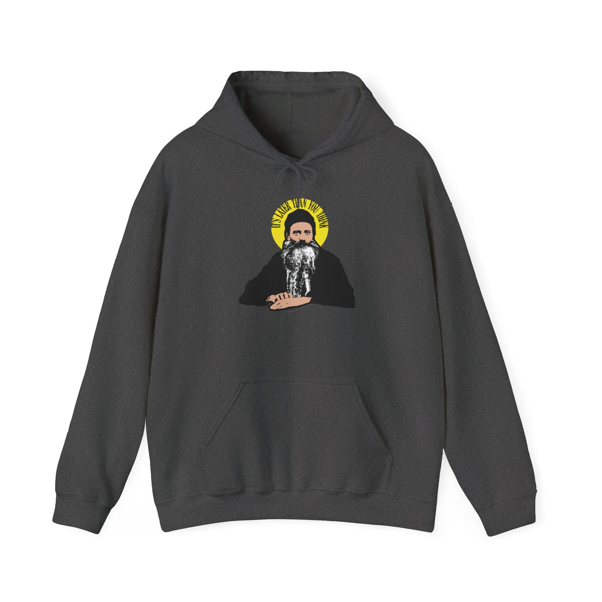 Dark Heather hoodie featuring a graphic of Fr. Seraphim Rose, depicted as a bearded man with a yellow halo and surrounded by fearsome angels. The quote “It’s Later Than You Think” appears above his head, adding depth to this striking Modern American Orthodox Christian design.