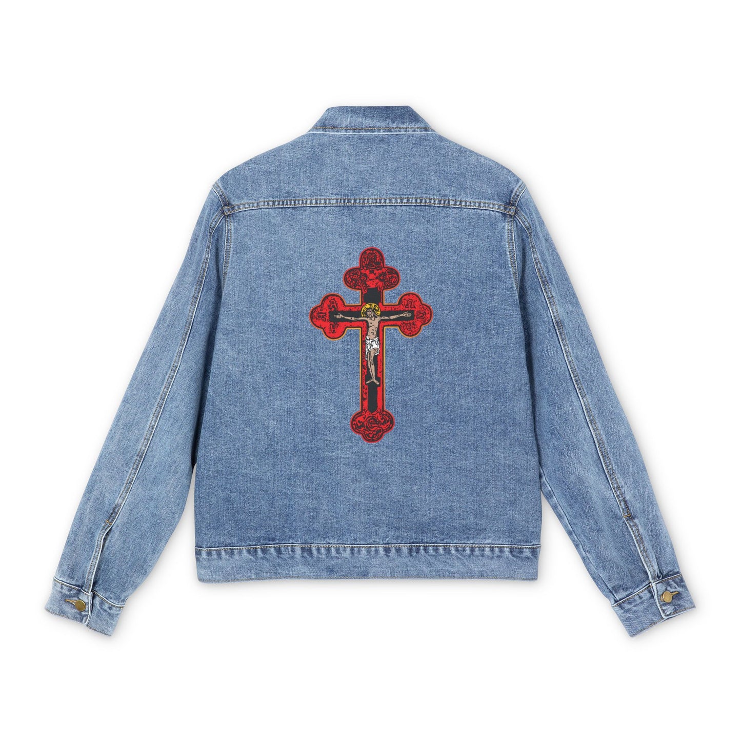 Medium denim wash jean jacket featuring a large red Orthodox Christian Crucifix in Byzantine Golgotha style with Alpha & Omega, inspired by “I Am Crucified With Christ.”.