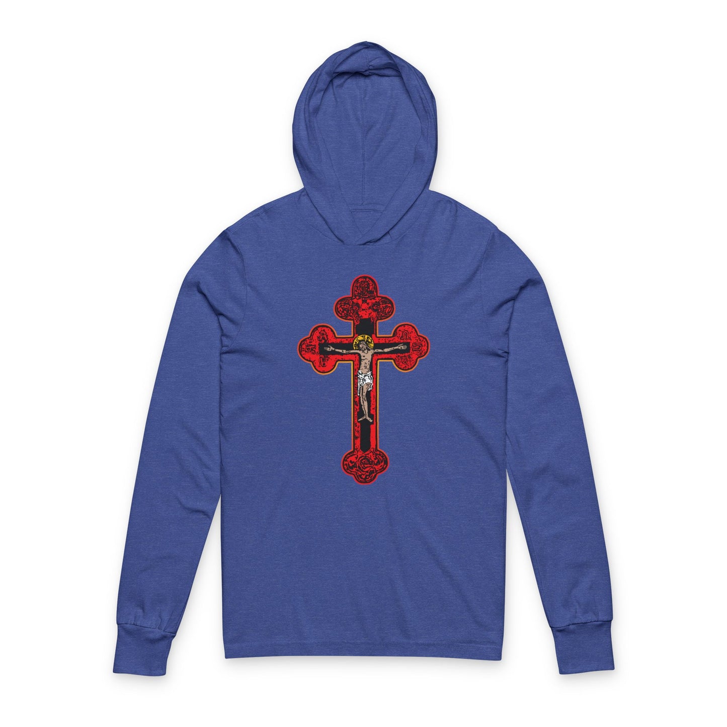 Heather True Royal cotton hooded shirt featuring a red Byzantine Golgotha crucifix, Alpha & Omega symbols, and "I Am Crucified With Christ," inspired by Isaiah 53:3-5. Orthodox Christian design; man of sorrows reflected on the front.