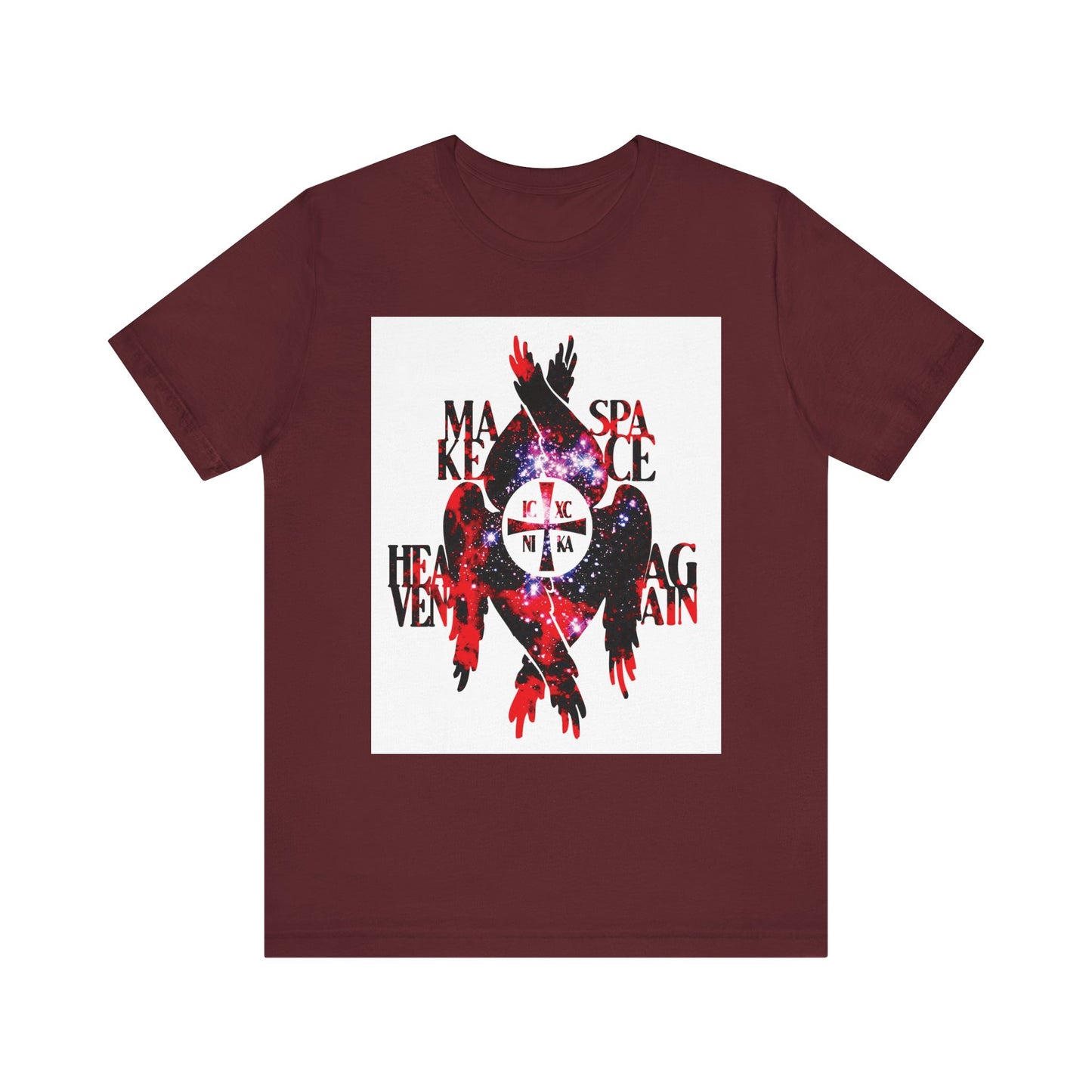 Sure! Here’s a revised sentence using the provided product data: Maroon "Make Space Heaven Again" t-shirt featuring a cosmic textured ICXC NIKA cross, seraphim wings, and Orthodox Christian graphics—an homage to the seven heavens and their creation.