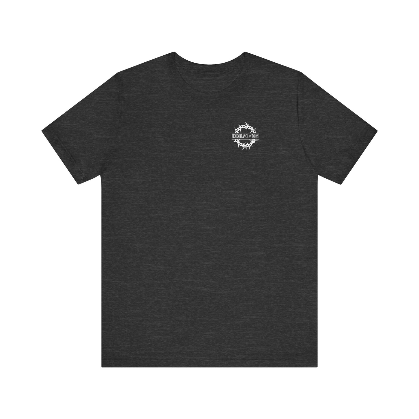 Dark Grey Heather unisex tee with “Dead to this World” branded front graphic; features a Christian goth flower cross & skull design on the back. Lightweight cotton, displayed on a plain background.