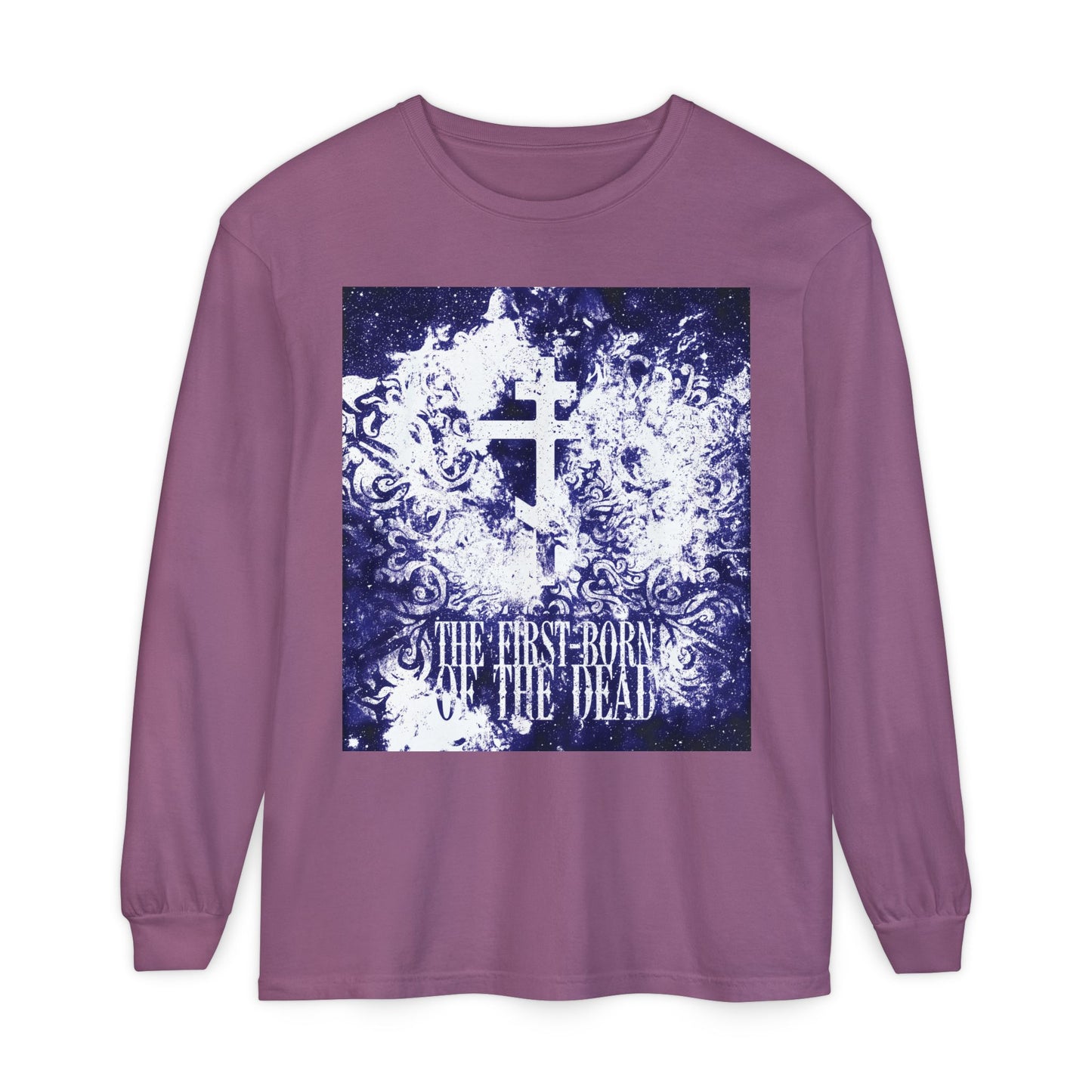 Berry long-sleeve cotton shirt featuring a glowing white & blue textured cosmic Orthodox cross with "The First-Born of the Dead," referencing Jesus's resurrection and message to the seven churches.