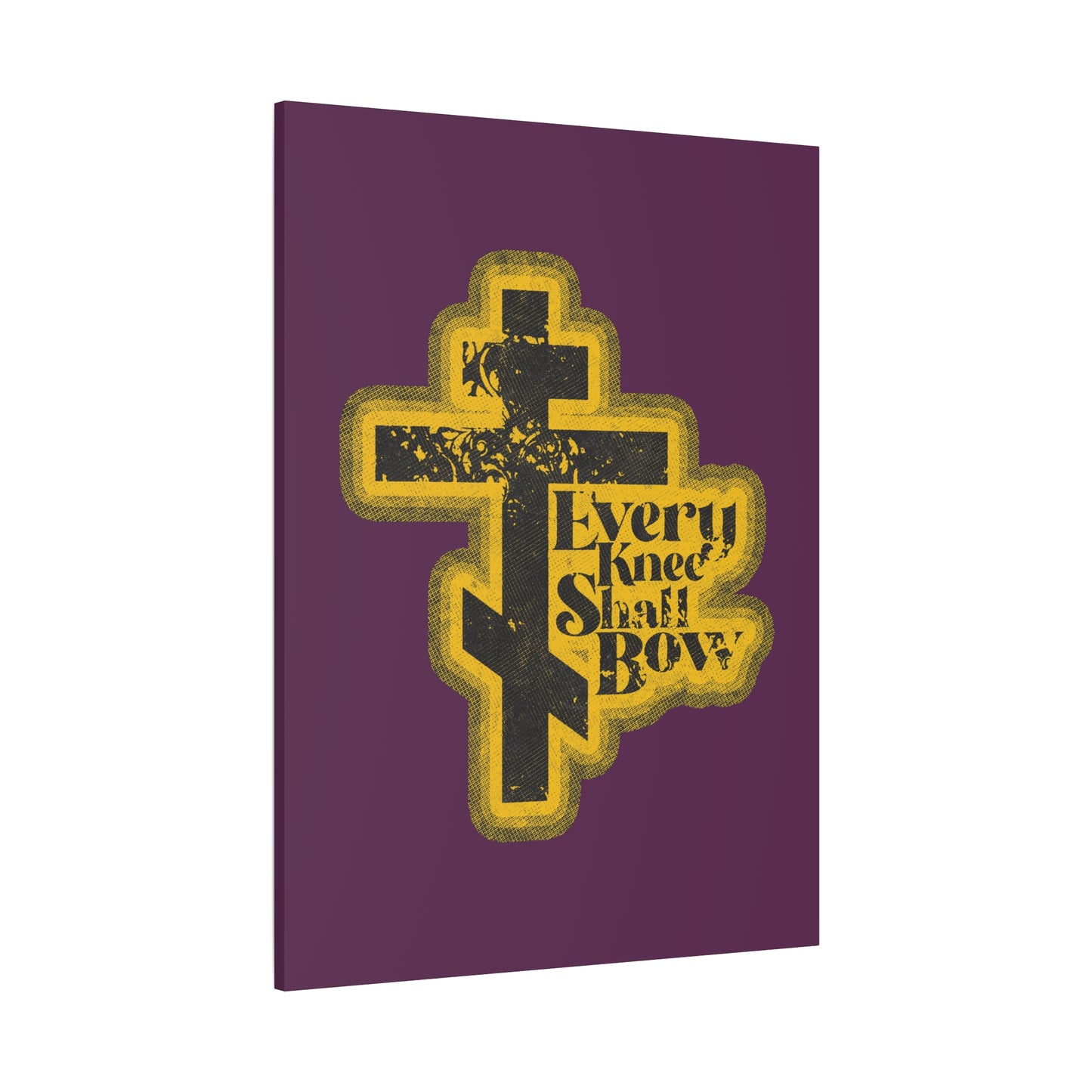 A purple and yellow cross with "Jesus Christ is Lord" appears on the "Every Knee Shall Bow" Christian wall art, inspired by Philippians 2:10-11 and Isaiah 45:23, in a 70s distressed halftone comic book style.