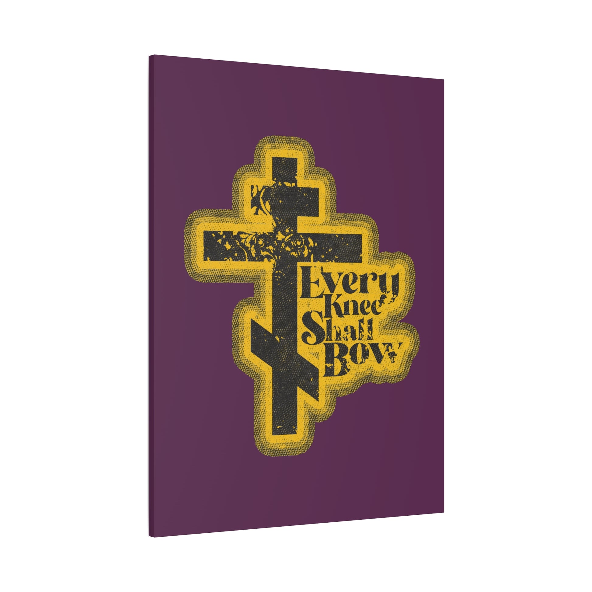 A purple and yellow cross with "Jesus Christ is Lord" appears on the "Every Knee Shall Bow" Christian wall art, inspired by Philippians 2:10-11 and Isaiah 45:23, in a 70s distressed halftone comic book style.