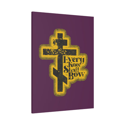 A purple and yellow cross with "Jesus Christ is Lord" appears on the "Every Knee Shall Bow" Christian wall art, inspired by Philippians 2:10-11 and Isaiah 45:23, in a 70s distressed halftone comic book style.