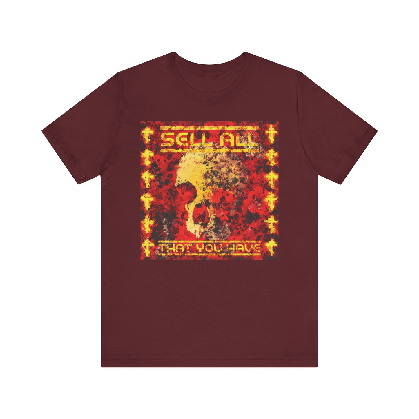 The Sell All That You Have No. 1 | Orthodox Christian Lightweight Cotton Unisex Tee in maroon features an abstract red and yellow graphic with the text “SELL ALL THAT YOU HAVE” encircling the design—echoing Jesus Christ’s invitation to follow His commandments in pursuit of eternal life.