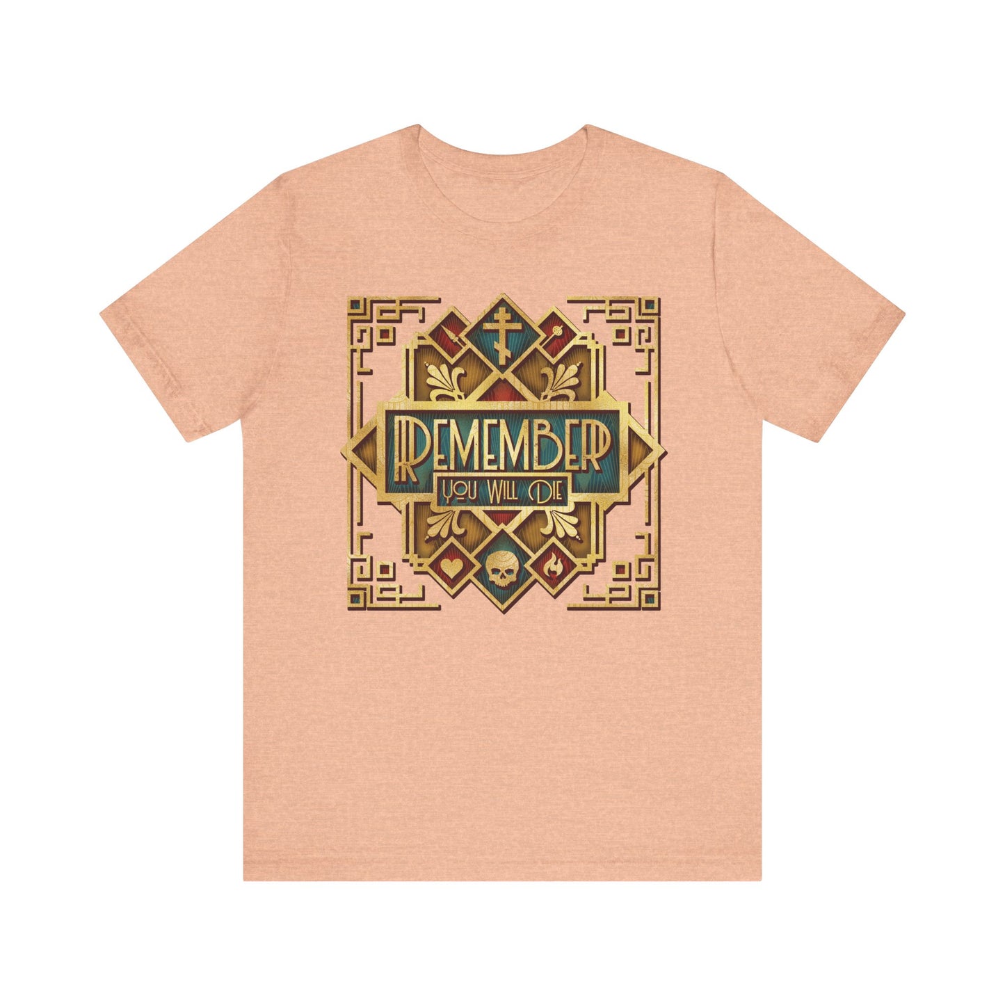 Heather Peach lightweight cotton unisex t-shirt featuring a classic metallic Art Deco geometric frame and the text “Remember You Will Die” in stylized lettering—Orthodox Christian design inspired by Elder Ephraim’s teachings in The Art of Salvation, offering a subtle reminder to reflect on eternal life.