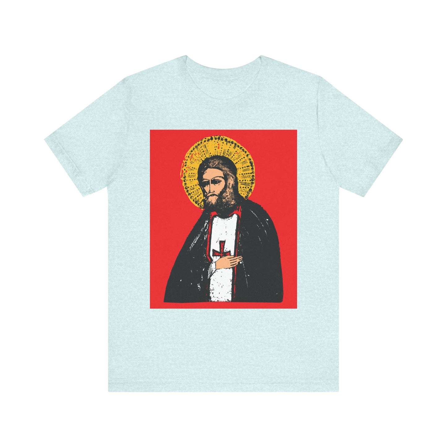 Heather Prism Ice Blue unisex tee featuring a St Seraphim of Sarov icon-style graphic and quote: "True Aim of Christian Life is Acquisition of the Holy Spirit." Lightweight cotton, 2-sided Orthodox design.