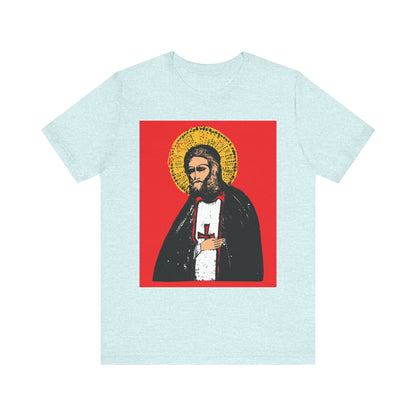 Heather Prism Ice Blue unisex tee featuring a St Seraphim of Sarov icon-style graphic and quote: "True Aim of Christian Life is Acquisition of the Holy Spirit." Lightweight cotton, 2-sided Orthodox design.