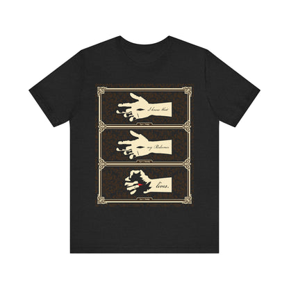 Solid black blend t-shirt featuring earthtone Americana art of the crucified Christ’s hand, with the text “I Know That My Redeemer Lives” (Job 19:25). Orthodox Christian design, evoking themes of resurrection and faith.