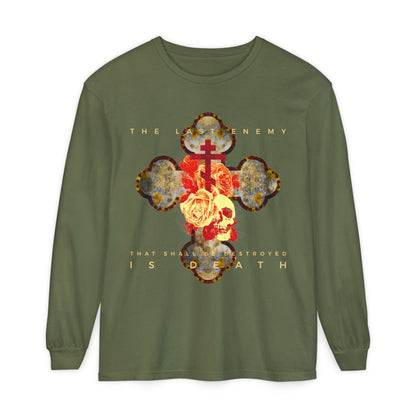 Remembrance of Death "The Final Enemy That Shall Be Destroyed Is Death" long sleeve features a metallic gothic cross with red/yellow rose and skull, inspired by 1 Cor 15:26 and Orthodox Christian faith.