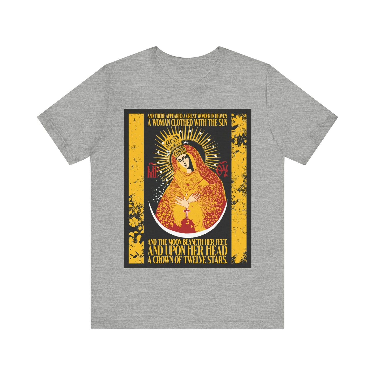 Our Lady the Gate of Dawn | Woman of the Apocalypse Rev 12:1 | Theotokos Gold Floral Texture Design | Orthodox Christian Cotton T-Shirt