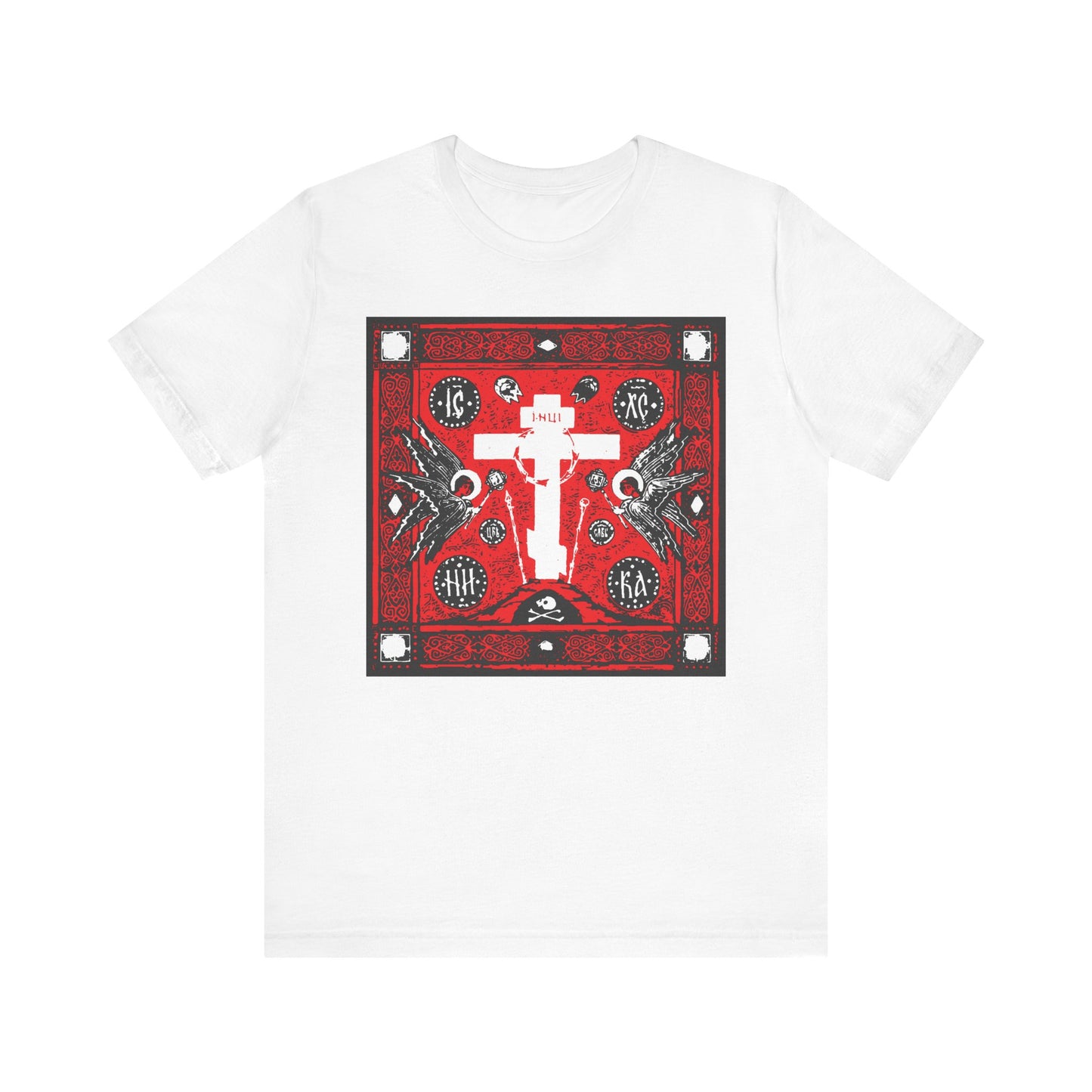 The Adoration of Holy Cross IconoGraphic tee is a white, lightweight cotton unisex t-shirt, featuring a striking red, white, and black Russian cross design with angels and decorative symbols.