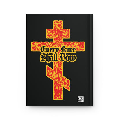 A gold and red floral Orthodox cross journal with Gothic "Every Knee Shall Bow" text (Isaiah 45:22-24, Phil 2:7-11), referencing Jesus Christ.