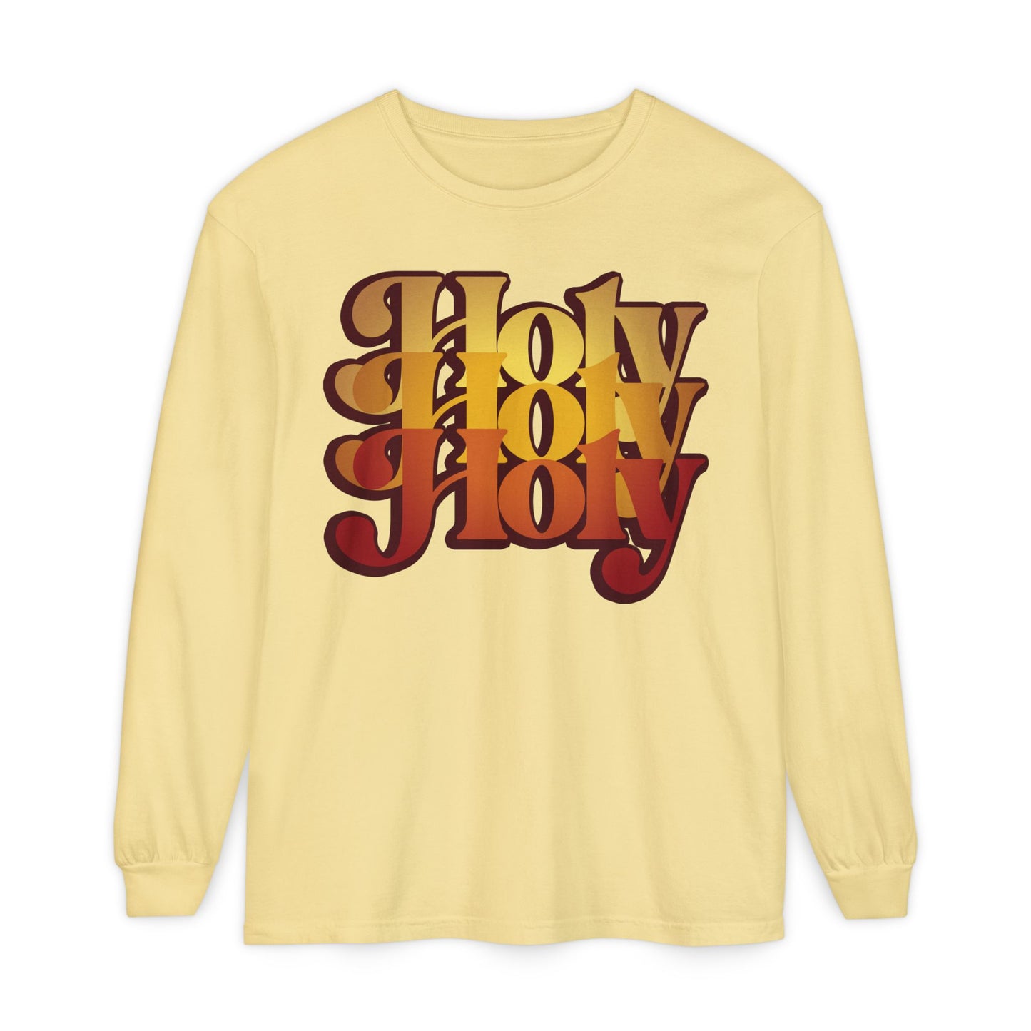 Butter-colored long sleeve shirt with bold, retro "Holy Holy Holy" front text inspired by Isaiah 6:1-3. Features Trisagion liturgical prayer in a 70s style, referencing Cherubim & Seraphim. 100% cotton.