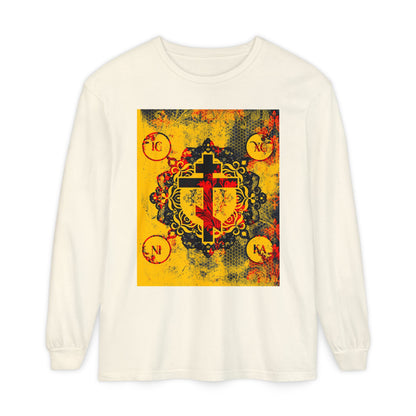 IC XC NIKA Orthodox Cross | Yellow & Red Modern & Medieval Textured Floral Design | Orthodox Christian Long Sleeve Shirt