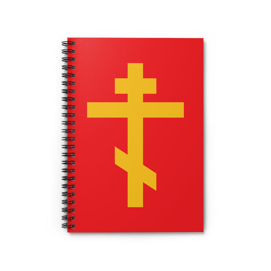 Red spiral notebook featuring a bold yellow Orthodox Cross on the cover—"Precious and Life-Giving Weapon of Unseen Warfare, Scourge of Demons." Orthodox Spiral Notebook.