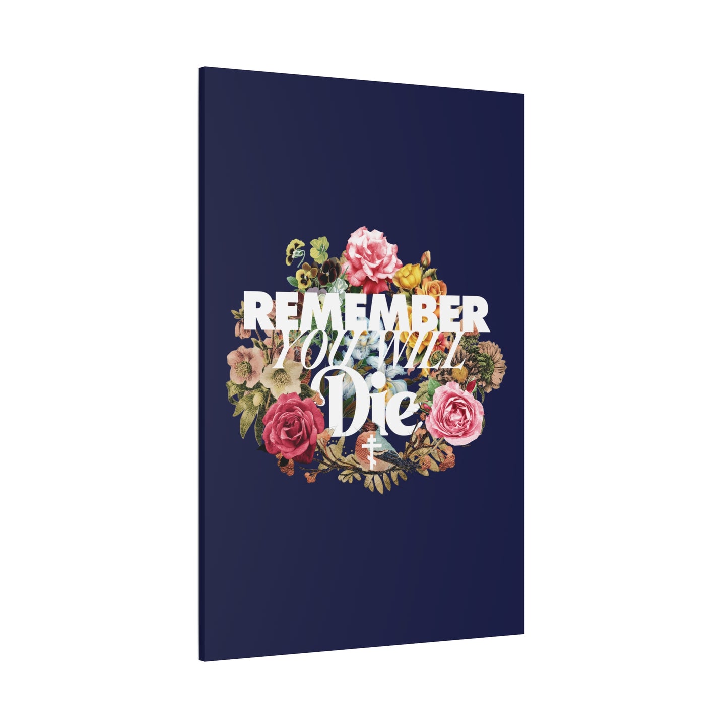 Navy blue canvas wall art featuring a floral wreath, classic typography, a cross, and the text: "Remember You Will Die"—a memento mori inspired by Orthodox Christian tradition.