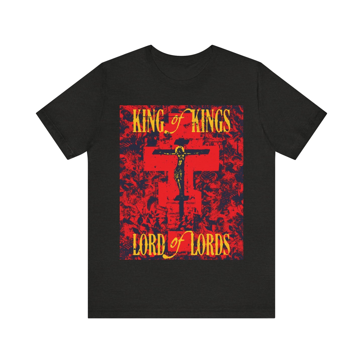 King of Kings, Lord of Lords | Christ Crucified Orthodox Icono-Graphic | Yellow & Red Design | Nature Texture | Lightweight Cotton Unisex T-Shirt