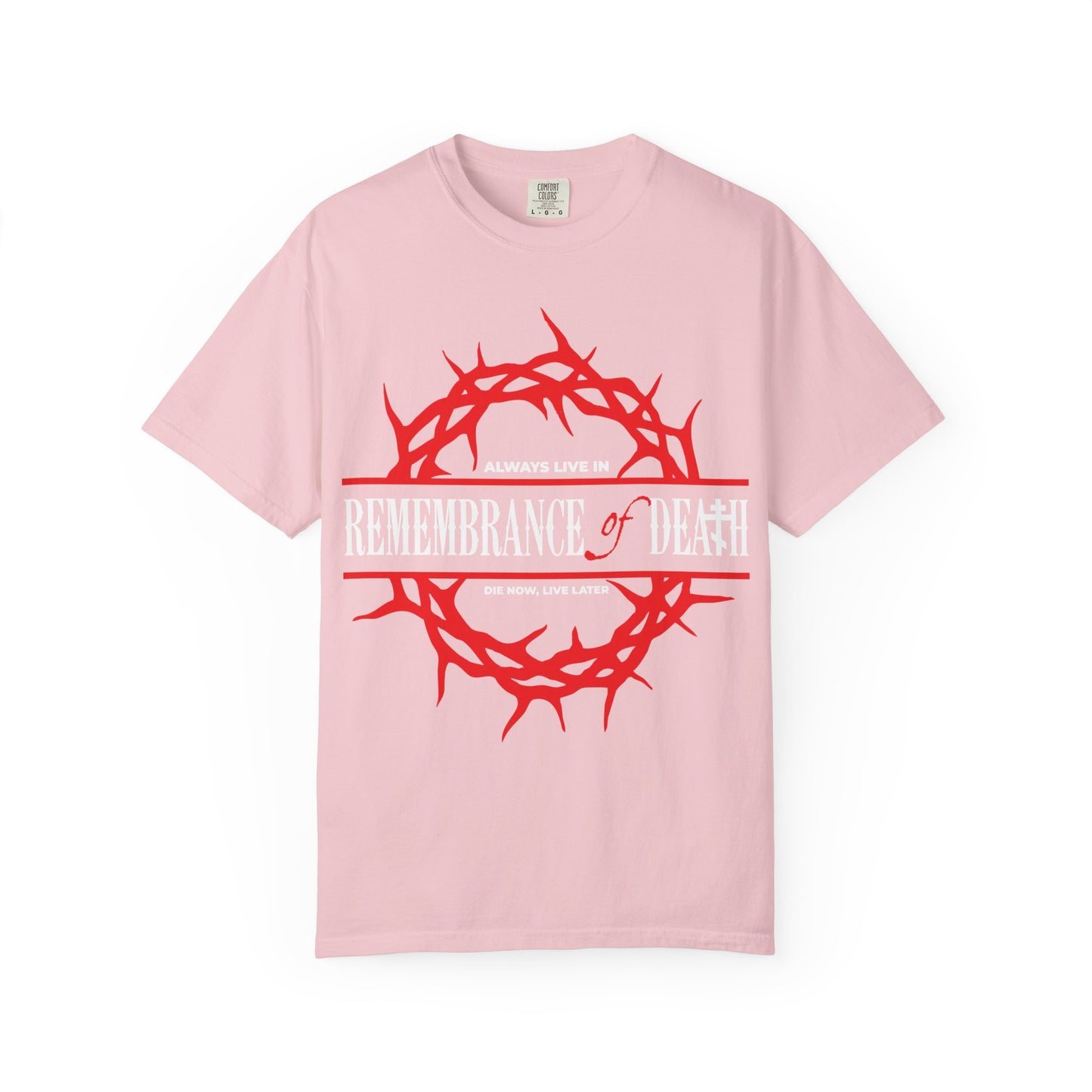 Blossom heavyweight cotton T-shirt, titled “Always Live in Remembrance of Death | Crown of Thorns,” featuring a bold red crown of thorns graphic and the text “REMEMBRANCE OF DEATH” with “ALWAYS LIVE IN” above it, inspired by the ascetic Christian ethos and teachings of St. John Climacus.