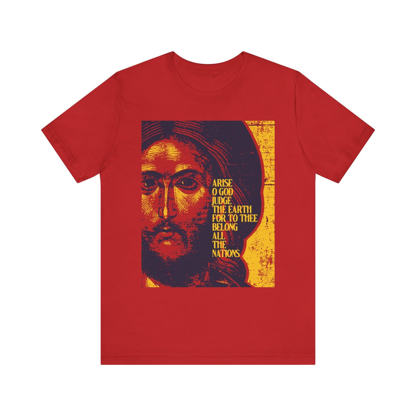 Red unisex t-shirt featuring a posterized Jesus Christ icon, "Arise, O God, Judge the Earth" text inspired by Psalm 81, in lightweight cotton. Orthodox Christian graphic design.