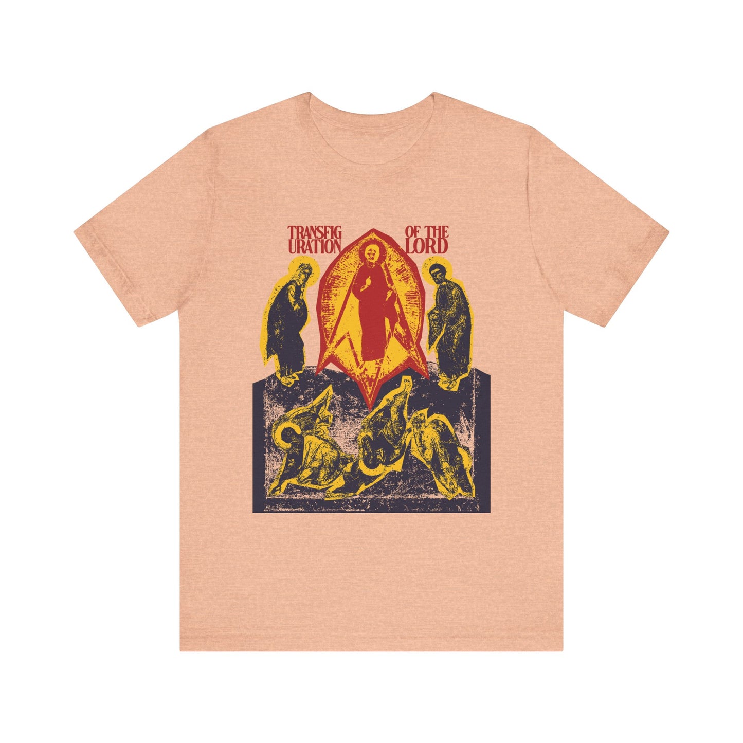 Heather peach unisex tee with Orthodox Christian iconographic artwork and red "Transfiguration of the Lord" text, inspired by the Troparion, in a punk zine cut out style. Lightweight cotton.