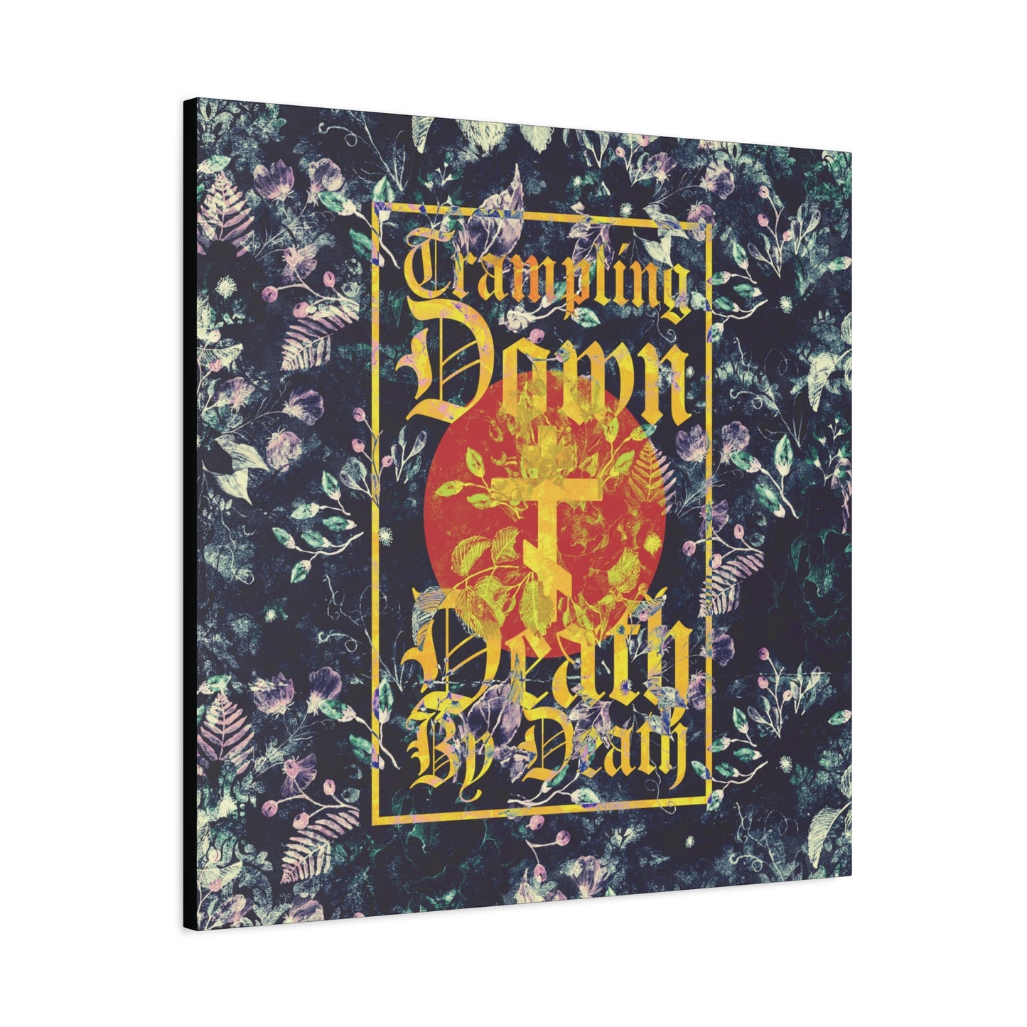 Trampling Down Death By Death | Paschal Floral Design with Gothic Script and Three-Bar Cross | Orthodox Christian Canvas Art