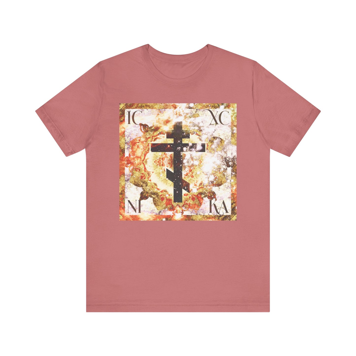 Mauve "ICXC NIKA Beige & Brown Textured Glowing Cosmic Art Cross" Orthodox Christian lightweight cotton unisex t-shirt, featuring abstract art with a black cross and Greek letters in each corner of the square design—symbolizing the Divine and human natures united in Christ’s Incarnation.