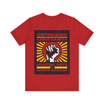 Orthodox Christianity: Martial Arts for Unseen Warfare | NIKA Jesus Fist on Colorful Sunburst Design | Orthodox Christian T-Shirt