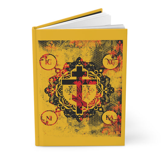 IC XC NIKA Orthodox Cross | Yellow & Red Modern & Medieval Textured Floral Design | Orthodox Christian Hardcover Journal