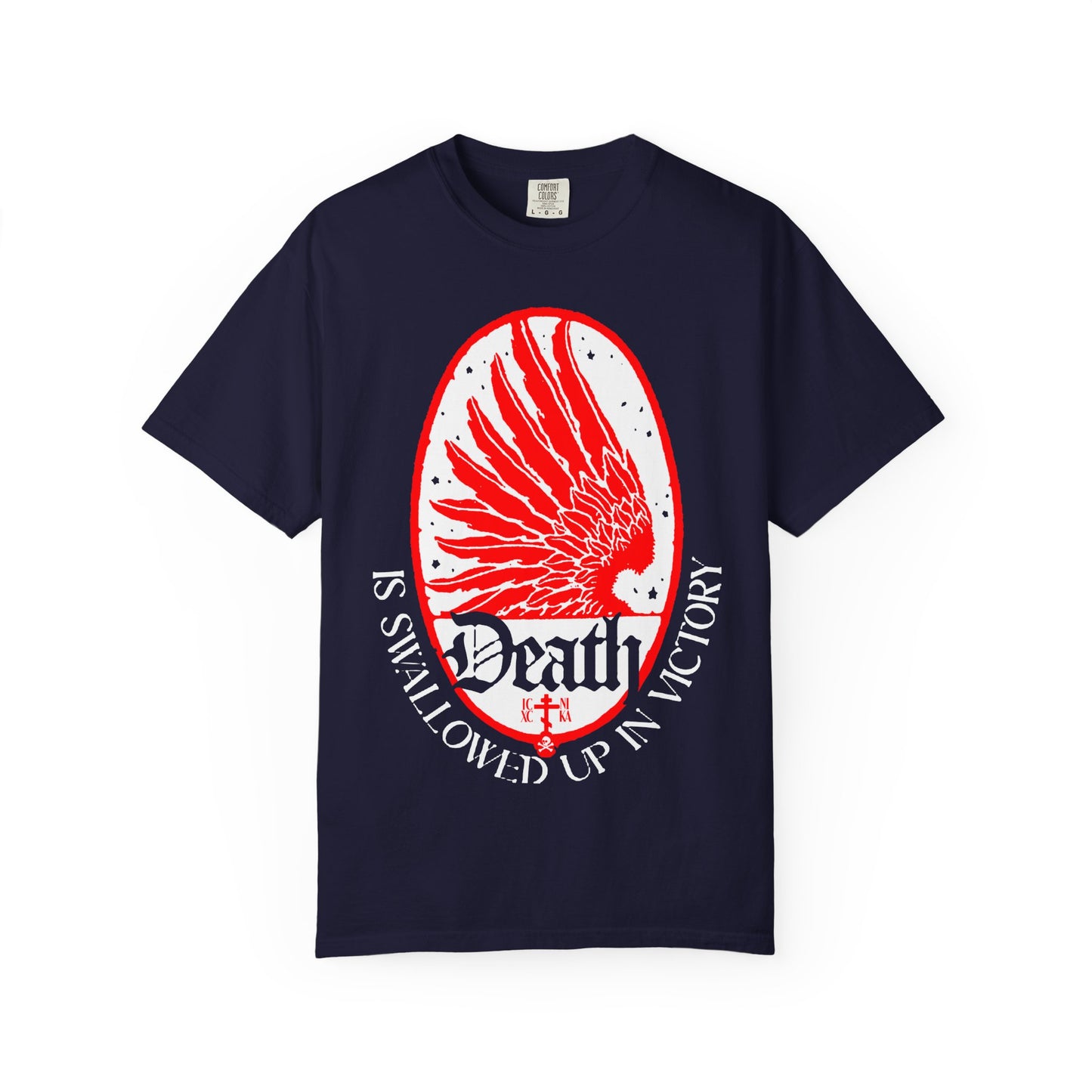 Rock the “Death is Swallowed Up In Victory (1 Cor 15:54) Art Nouveau Eagle Wing & Stars” tee in True Navy—a heavyweight cotton unisex shirt showcasing an eye-catching red Art Nouveau eagle wing and star motif, with the inspiring message “Death is swallowed up in victory” below, symbolizing triumph over death and the hope of immortality.