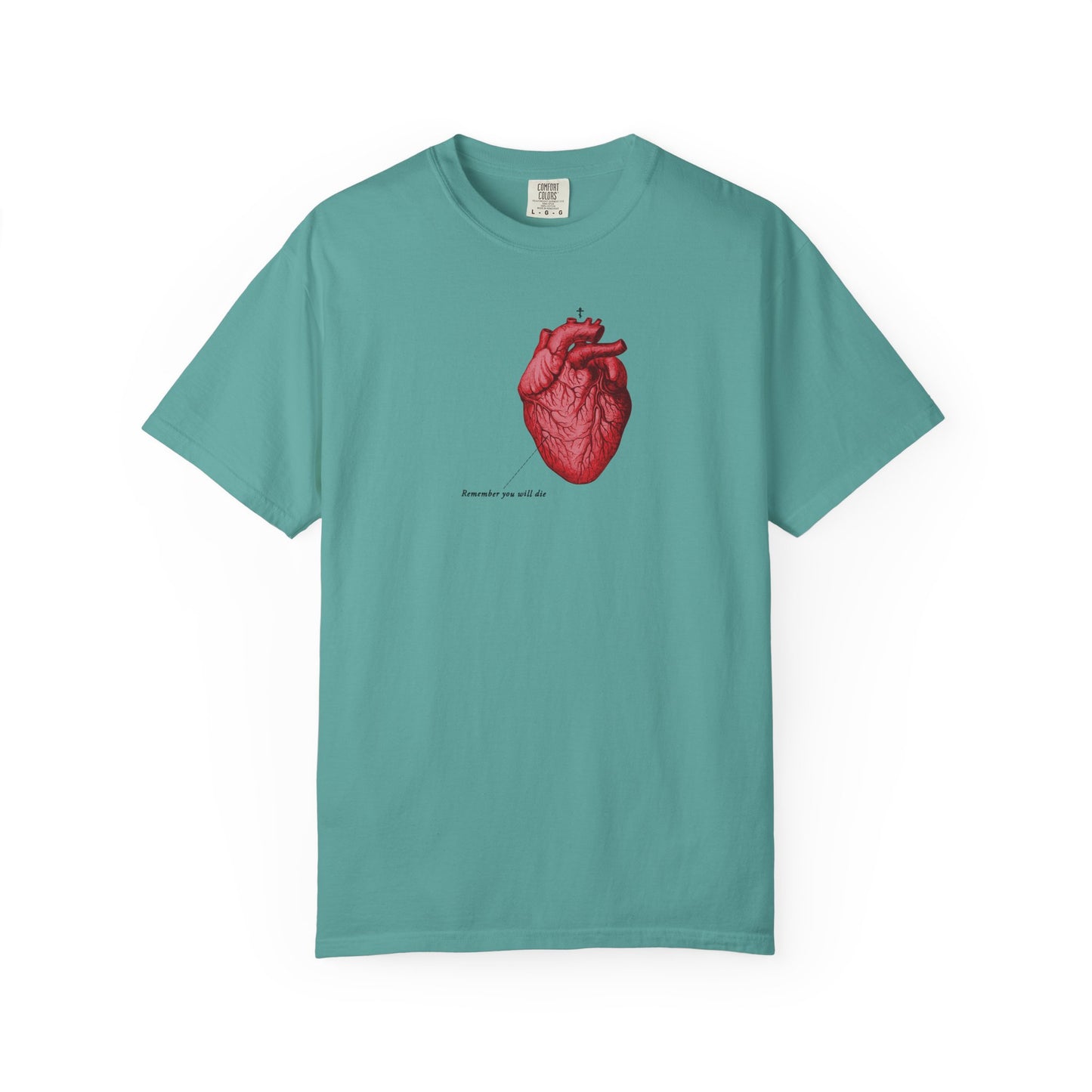 Seafoam tee featuring a retro anatomical heart and "Remember You Will Die" text, inspired by memento mori and classic medical textbooks. Heavyweight cotton unisex fit.