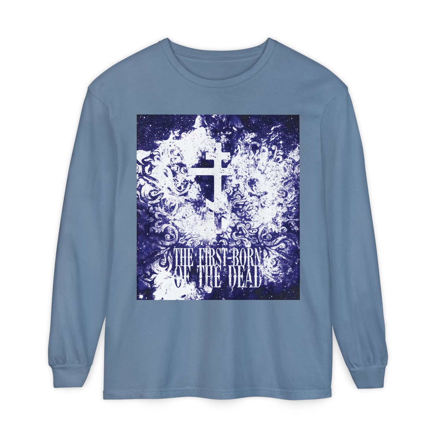 Blue Jean long-sleeve cotton shirt featuring a glowing white and blue textured cosmic Orthodox cross with "The First-Born of the Dead" text—a tribute to Jesus Christ’s resurrection and apocalypse.