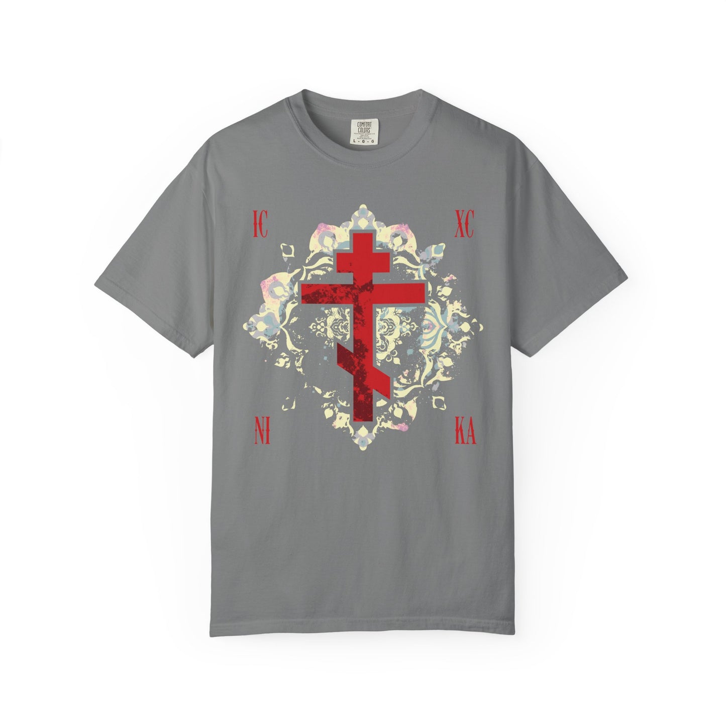 Grey heavyweight cotton unisex tee featuring a textured red Orthodox cross, medieval floral background, and ICXC NIKA—Jesus Christ Conquers.