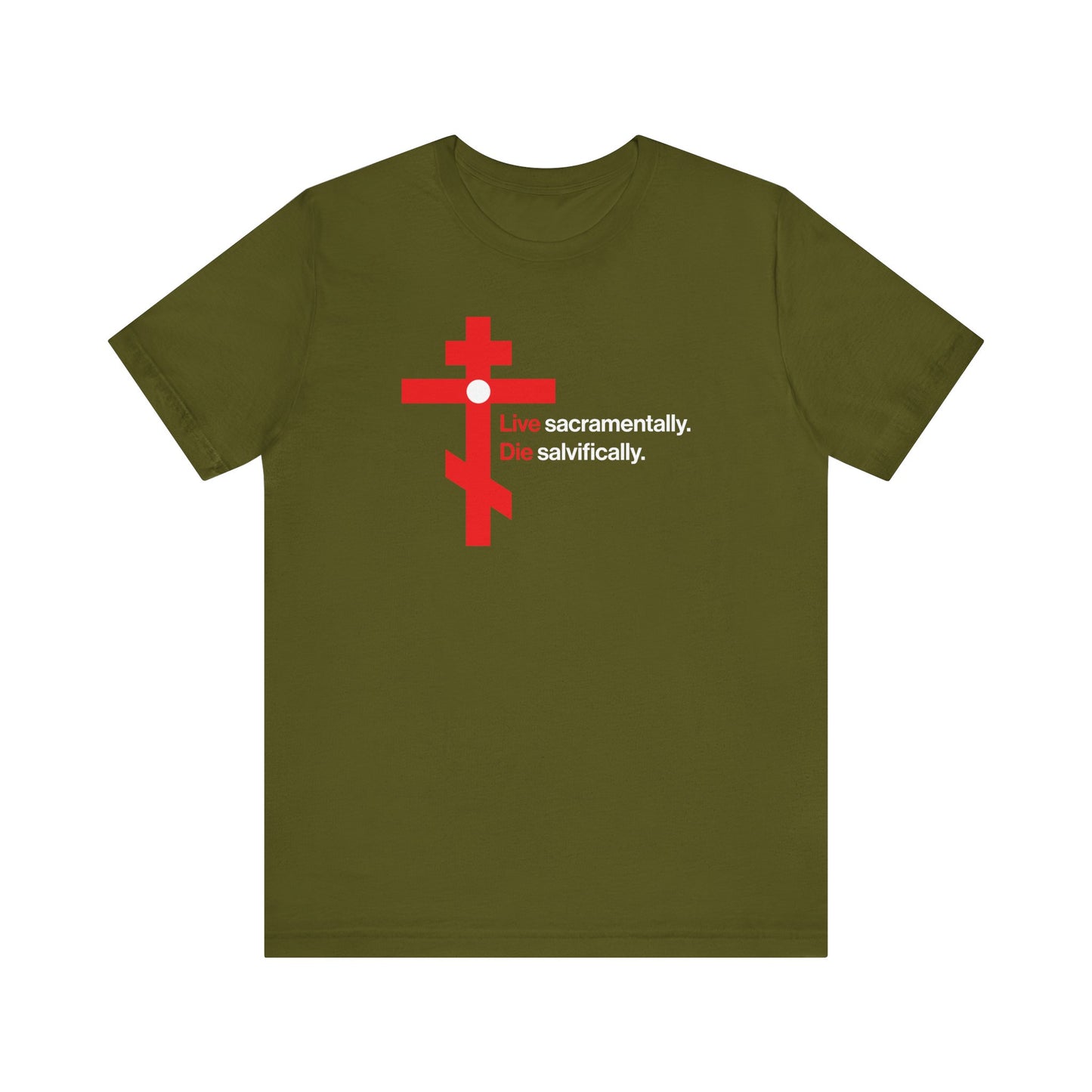 Live Sacramentally, Die Salvifically | Remember You Will Die | Memento Mori | Red Orthodox Cross White Circle | Lightweight Cotton Unisex Tee