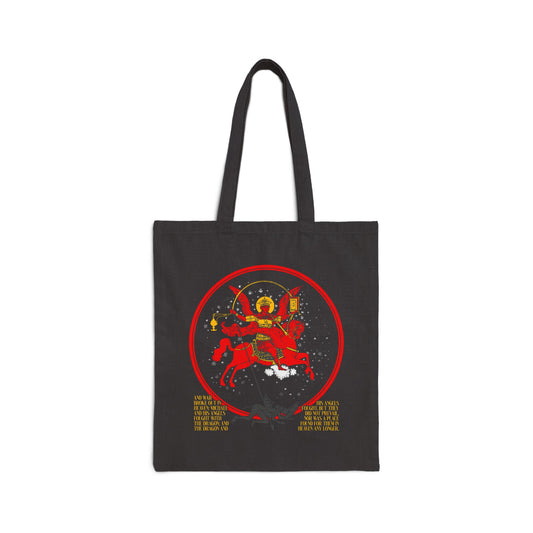 Black tote bag with a vivid graphic of Archangel Michael from "War in Heaven (Rev 12:7-9)"—an Orthodox Christian tribute to spiritual warfare, titled "Archangel Michael of the Apocalypse Icono-Graphic.
