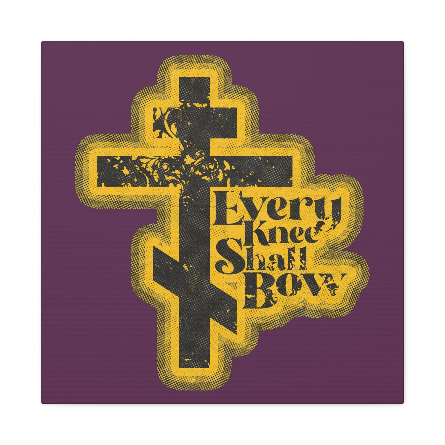 A 70s distressed halftone comic book cross features "Every Knee Shall Bow" in yellow on purple, inspired by Philippians 2:10-11 and Isaiah 45:23—Christian wall art declaring Jesus Christ is Lord.
