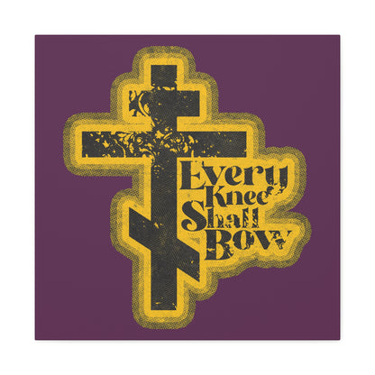 A 70s distressed halftone comic book cross features "Every Knee Shall Bow" in yellow on purple, inspired by Philippians 2:10-11 and Isaiah 45:23—Christian wall art declaring Jesus Christ is Lord.
