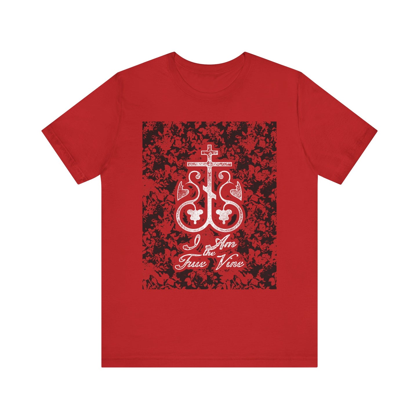 Red "I Am the True Vine (John 15:1)" Orthodox lightweight cotton tee featuring a white cross vine monogram and red/black floral pattern on a unisex fit.