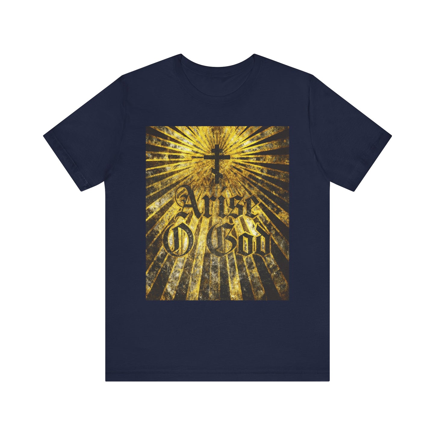 Navy “Arise O God” t-shirt features a gold Orthodox cross with rays and Psalm 81 (82 LXX) in textured gothic font—referencing the Divine Council theme explored by Fr. Stephen De Young. Lightweight cotton, unisex fit.