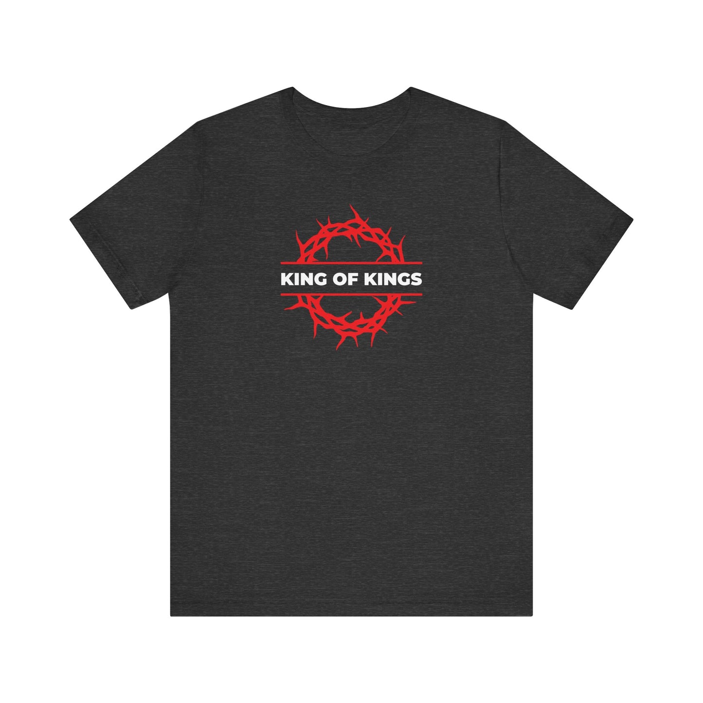 Dark grey heather t-shirt featuring a red crown of thorns and "KING OF KINGS" in bold white text across the chest, inspired by Revelation 19:16, where Christ—The King of Glory—reigns victorious.